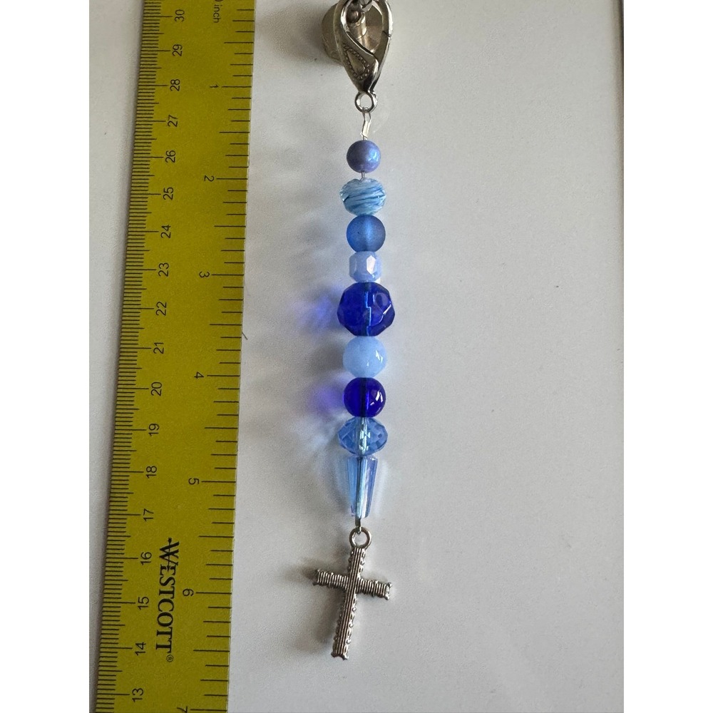 Blue Beaded Cross Keychain Bag Charm Silver Tone Religious Spiritual Accessory